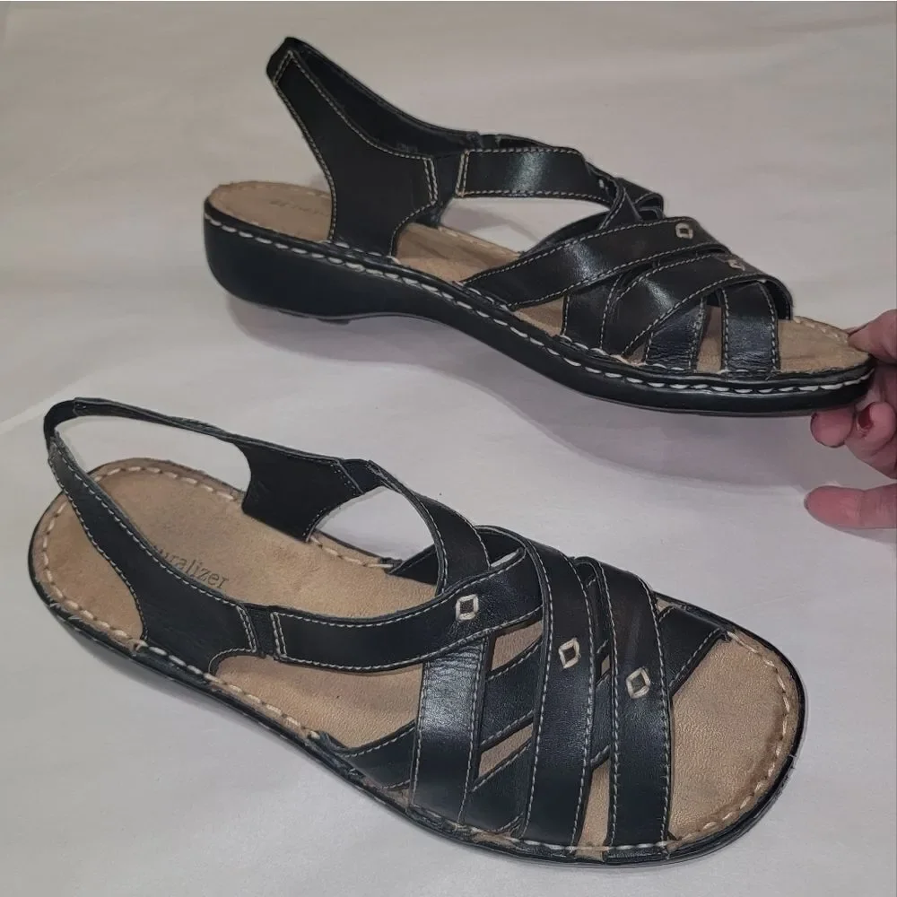Naturalizer Craft Black Leather Strappy Comfort Sandals w Thick Stitching Sz 9.5